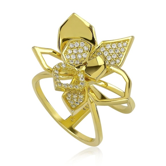 14KT Gold Plated Cubic Zirconia Stone Flower Ring - Picture 1 of 7